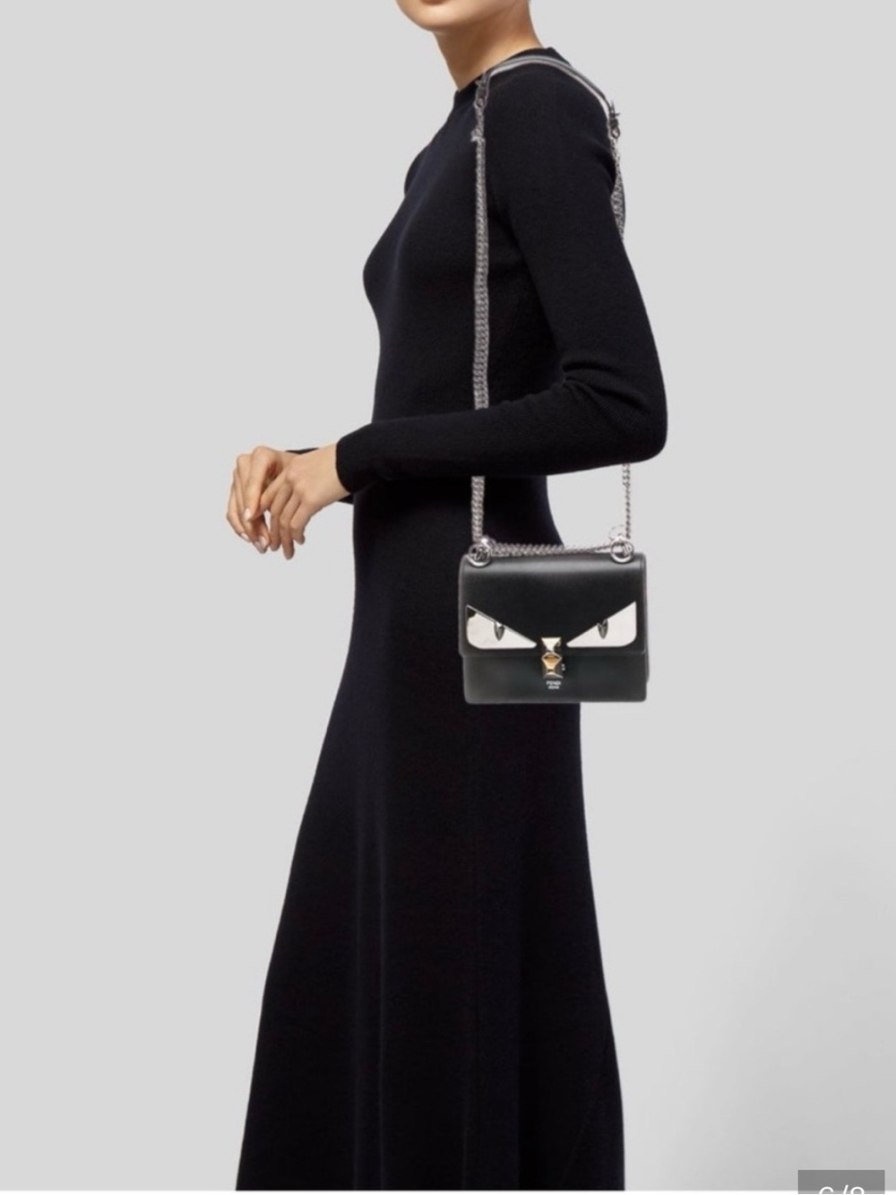 Fendi Black Leather Monster Eye Crossbody Bag with Silver Chain